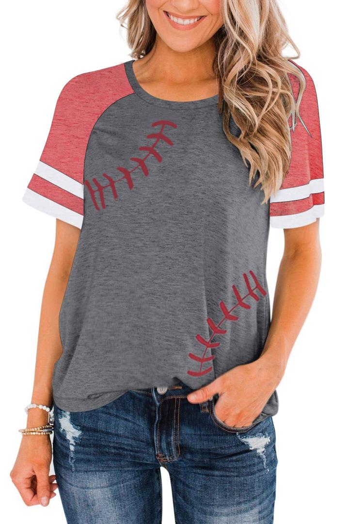 ZUNQKG Womens Baseball Mom Shirts Raglan Short Sleeve Crewneck Patchwork Casual Summer Baseball Tees Red M (Gray, M)