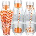 Umigy 100 Pcs 12 oz Fall Plastic Cups with Lids and Paper Straws Thanksgiving Disposable Clear Pumpkin Cups Autumn Harvest Plastic Mugs for Beer Beverage Snacks Coffee Hot Cold Drinks Party Supplies