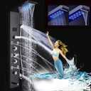 FUZ Contemporary Shower Panel Tower System Stainless Steel 6-Function Faucet LED Rainfall Waterfall Shower Head + Handheld Sprayer + Rain Massage Body Jets + Tub Spout, Black.