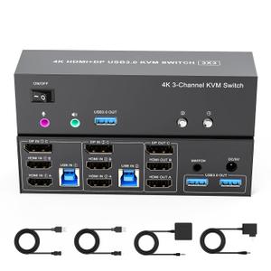 4K KVM Switch 3 Monitors 2 Computers Triple Monitor Displayport and 2 HDMI USB 3.0 KVM Switches 4K@60Hz,Support Extended/Mirror Mode Share 3 USB 3.0 Ports with Desktop Controller, Adapter Included