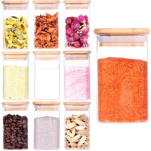 10 Pcs Glass Spice Jars - 8oz Empty Square Spice Storage Containers With Bamboo Airtight Lid and Labels - Thicken Small Glass canister for Kitchen Seasoning,Coffee Bean,Tea,Suger,Herbs