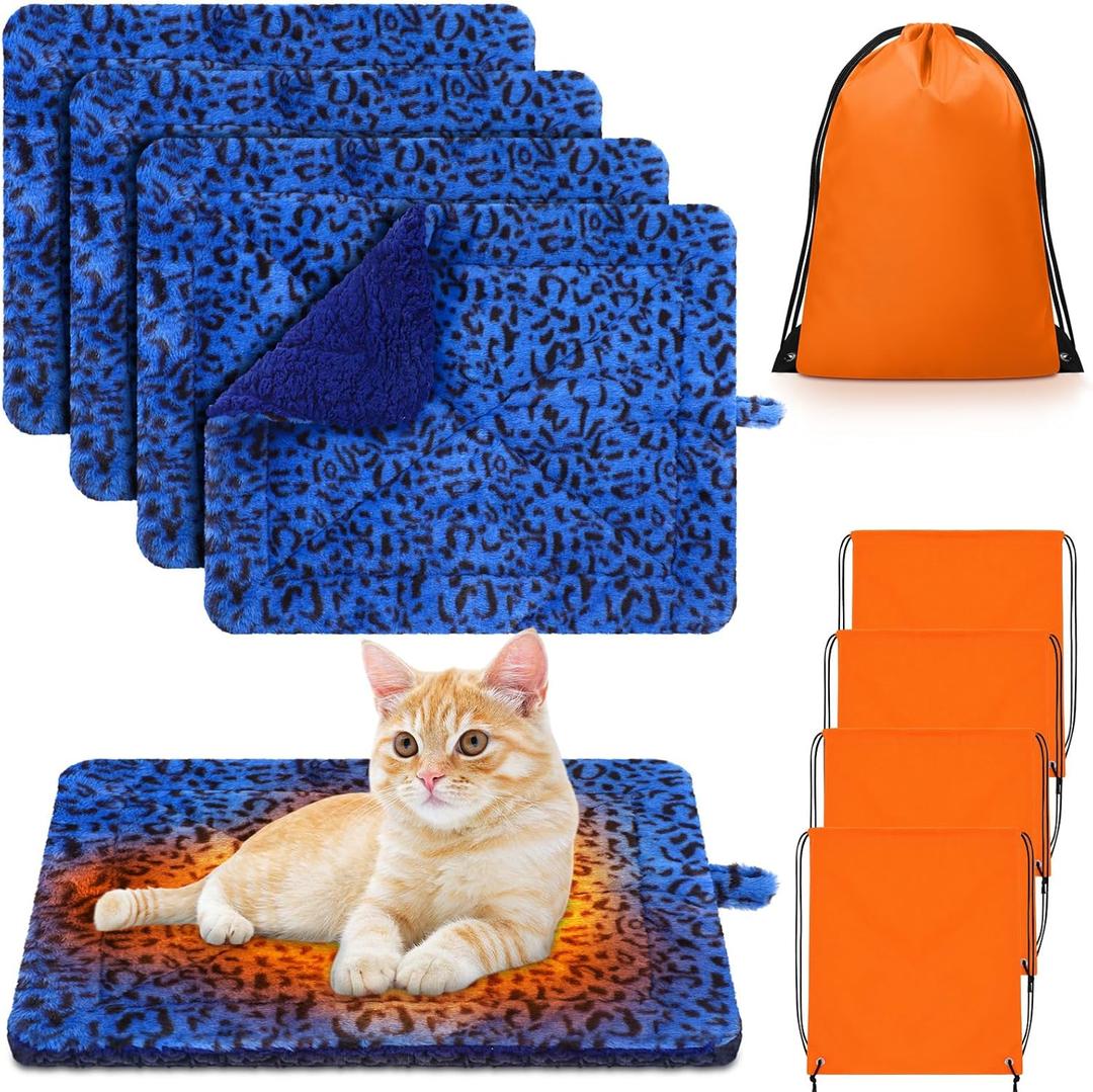 Riakrum 4 Pack Self Warming Cat Bed Mats Leopard Print Cat Dog Thermal Blanket Double Sided Self Heating Pet Pad with Storage Bags for Pet Winter Outdoor Indoor Supplies, Non Electric(Small)