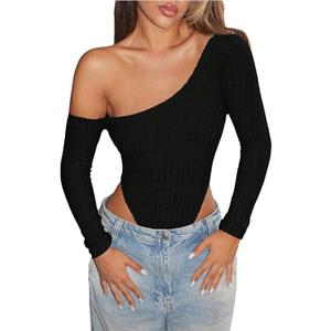 SweatyRocks Women's One Shoulder High Cut Long Sleeve Skinny Bodysuit Leotard Tops (Black, Small)