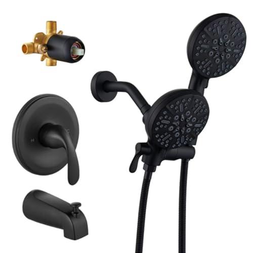 YUESIMATE Tub Shower Faucet Set with Valve, 2 in 1 Dual Shower Head and Handheld Shower Spray with Tub Spout,Shower Trim Kit Matte Black-YS036B 