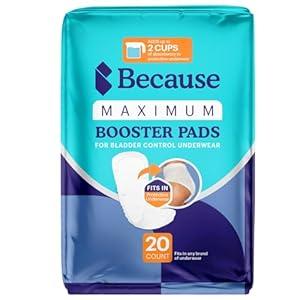 Because Maximum Incontinence Booster Pads for Men and Women, Adds 2 Cups Extra Absorbency to Adult Diapers, Discreet, Adhesive Strip Backing, Unisex (20 Count (Pack of 1)) Because Maximum Incontinence Booster Pads for Men and Women, Adds 2 Cups Extra Absorbency to Adult Diapers, Discreet, Adhesive Strip Backing, Unisex (20 Count (Pack of 1))