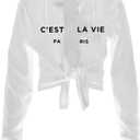 Sexy Tie Front Crop Top for Women Long Sleeve Graphic Tee Shirt Clubwear (Large, Cest White)