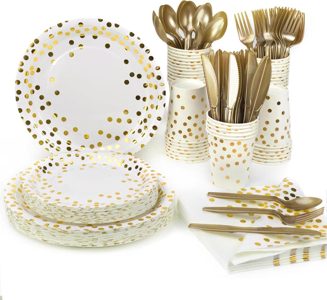 Lzerking Party Supplies Set - 280 Pieces of White and Gold Dot Paper Plates, Cups, Napkins, and Heavy Duty Silverware for 40 Guests for Birthdays, Graduation, Wedding, Festivals