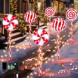 Christmas Lollipop Pathway Lights Outdoor, 27.5 Inch Peppermint Pathway Lights, Set of 6 Outdoor Christmas Decorations with 5 Modes and Music for Holiday Patio Yard Garden(Red)