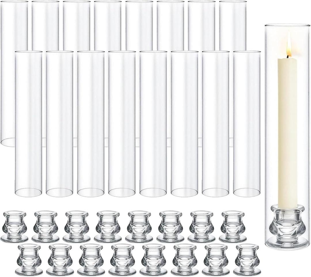 16 Set Clear Glass Hurricane Candle Holders, 12.5" Open Ended Bottomless Windproof Cylinder & 2.1" Taper Candlestick Holders for Wedding Party Home Hotel Decor