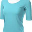 SSOULM Women's 1/2 Sleeve Scoopneck Cotton T-Shirt - Basic Slim Fit Stretch Top (Blue, L)