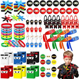 16 Guests 128 Pcs Ninja Party Favors Include Ninja Paper Bags Bouncy Balls Throwing Favors Flying Slingshot Headbands Silicone Bracelets Keychains Stickers for Birthday Party Supplies