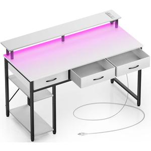 Rolanstar Computer Desk with Power Outlets & LED Light, 55 inch Home Office Desk with Drawers and Storage Shelves, Writing Desk with Monitor Stand, Modern Work Study Desk for Home Office, White