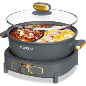 Dezin Hot Pot Electric with Divider, 6L Double-Flavor Shabu Shabu Pot, Dual Sided Removable Non-Stick Hotpot Pot Electric, 3" Depth Chinese Hot Pot with Multi-Power Control, 2 Silicone Ladles Included (Grey)