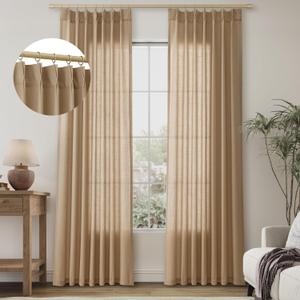 Tan Brown Pinch Pleat Linen Curtains 84 Inch Length 2 Panels for Living Room Dining Burlap Back Tab Semi Sheer Linen Drapes Rustic Country Light Filtering Privacy Window Treatment 84 Inches Long