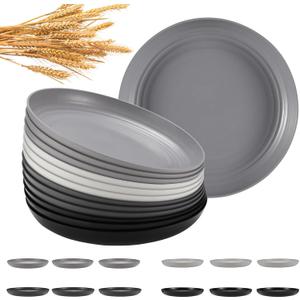 12 Pcs Unbreakable Deep Dinner Plates Set, 9 inch Reusable Plastic Wheat Straw Plates, Microwave and Dishwasher Safe Plate for Kitchen, Lightweight Plate for Dessert, BPA Free, 4 Colors