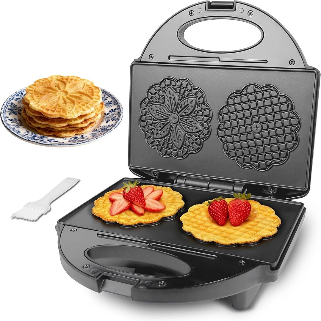 Pizzelle Maker with Non-Stick Coating, Electric Pizzelle Cookie Baker Press with Snowflake Pattern, Make Two 4 Inch Traditional Italian Waffle Cookies at Once, Recipe Included