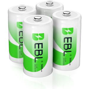 EBL C Batteries High Energy 5000mAh Ready2Use C Rechargeable Battery Cells, 4 Counts