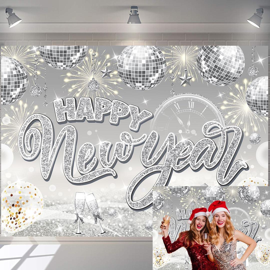 Happy New Year Backdrop 2026 Glitter Silver Fireworks New Years Eve Photography Background Silver Bokeh Backdrop for 2026 New Year Party Decorations (7x5FT210x150cm)