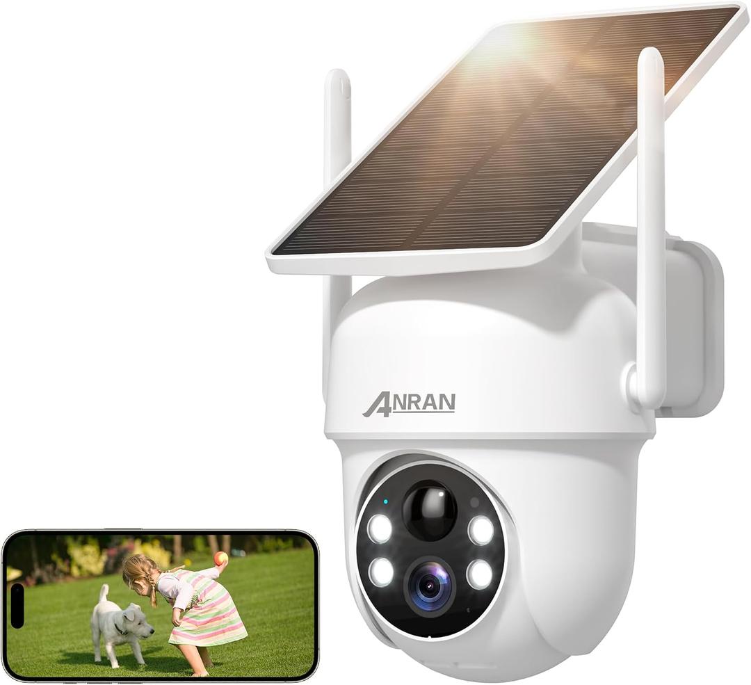 ANRAN Solar Security Cameras Wireless Outdoor,2K Cameras for Home Security with Fixed Solar Panel, 360° PTZ for Home Surveillance,2.4G WiFi, PIR Human Detection, 3MP Color Night Vision, 2-Way Talk