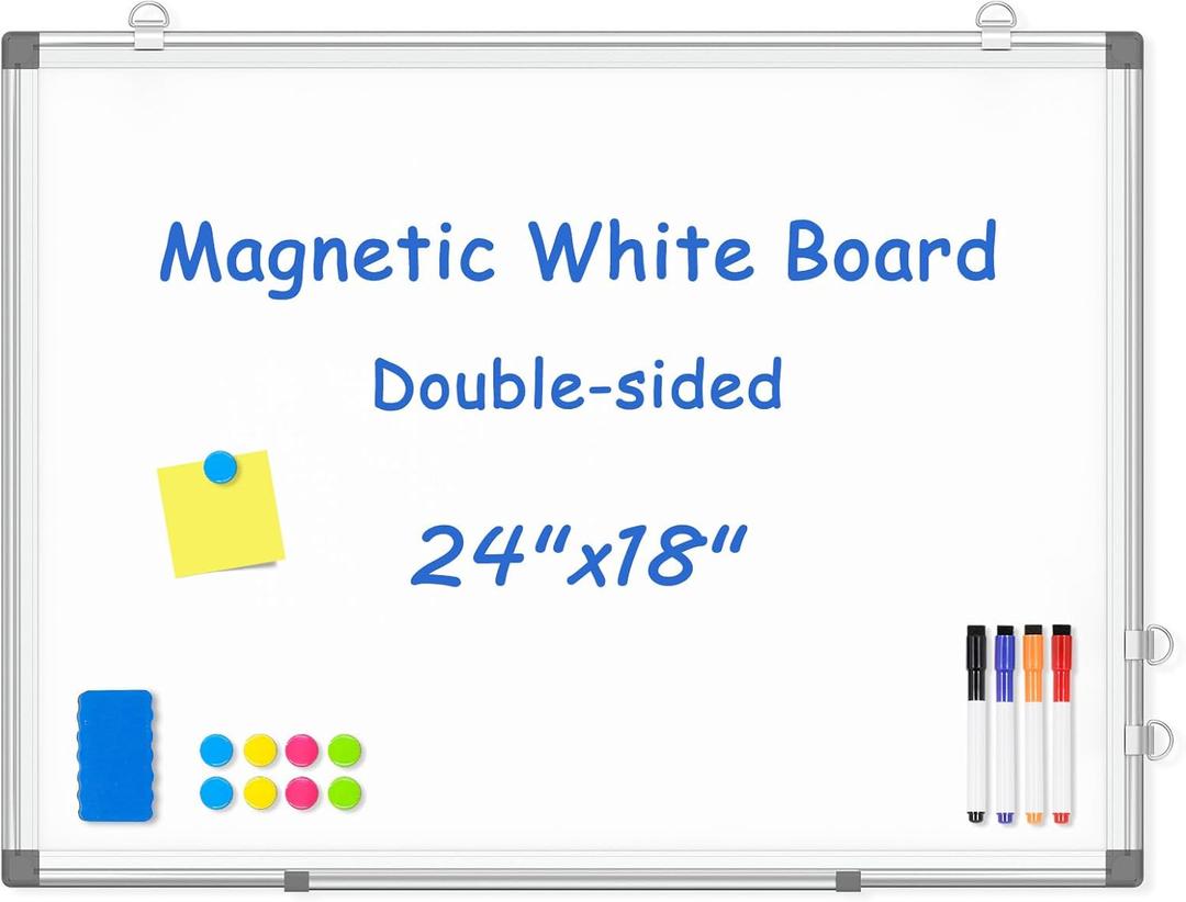WALGLASS Double-Sided White Board, 24" x 18" Dry Erase Board Magnetic Whiteboard for Wall, Hanging Mounted Whiteboard Silver Aluminium Frame for Home, School, Office, Kitchen