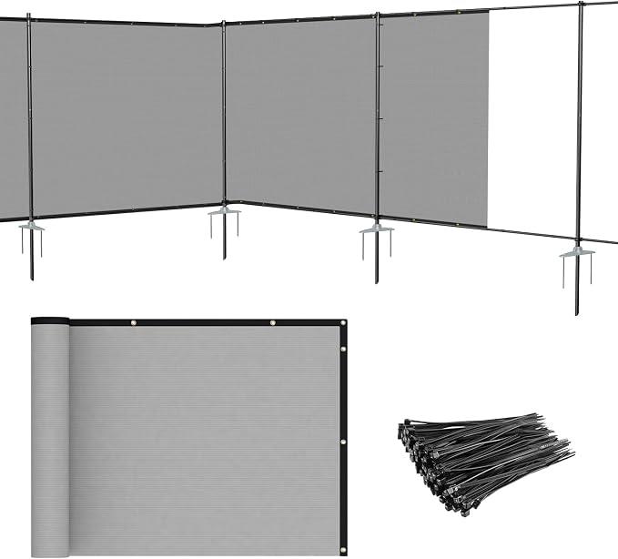 Patio 6' x 65' Outdoor Privacy Screen Freestanding Temporary Fence Panels Net Cover with Metal Poles for Outside Backyard Pool Garden Air Conditioner Fencing, Light Gray