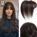 Hair Toppers for Women Real Human Hair, 3D Cover Clip in Bangs Realistic Scalp Line Human Hair Toppers for Women with Thinning Upgrade Basement with Bangs (Mocha Brown, 3D Wispy Bangs 5x9)