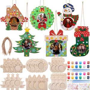 Blueweenly 24 Pcs Wood Unfinished Christmas Photo Frame Ornaments Craft Kit DIY Christmas Tree Snowman Gingerbread House 3D Picture Ornament with Brushes Gem Stickers for Activity Gift 6 Styles