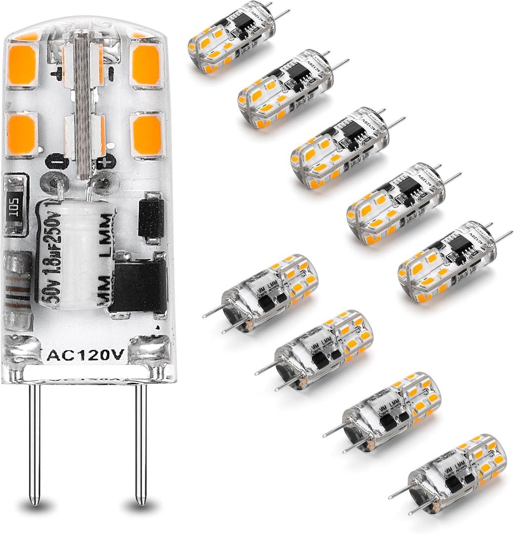 Dimmable G8 LED Light Bulbs 3W Equivalent 20W 25W Halogen 2700K Warm White 300lm AC120V T4 JCD Type Bi-Pin G8 Base for Under Cabinet Counter Puck Kitchen Lighting, No Flicker, 10 Pack