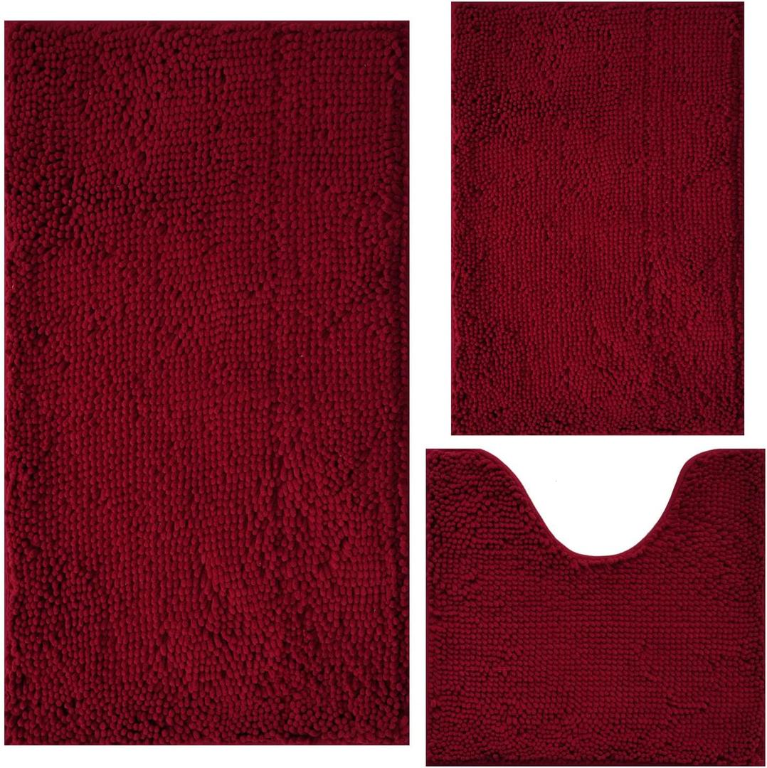 Bathroom Rugs Chenille 3-Piece Extra Soft and Absorbent Shag Bathroom Rugs, Machine Wash Mat, Strong PVC Non-Slip Underside, Plush Carpet Mats (Burgundy) (1'8" x 2'8" (16x24"+20x32"+20x20"U shape))
