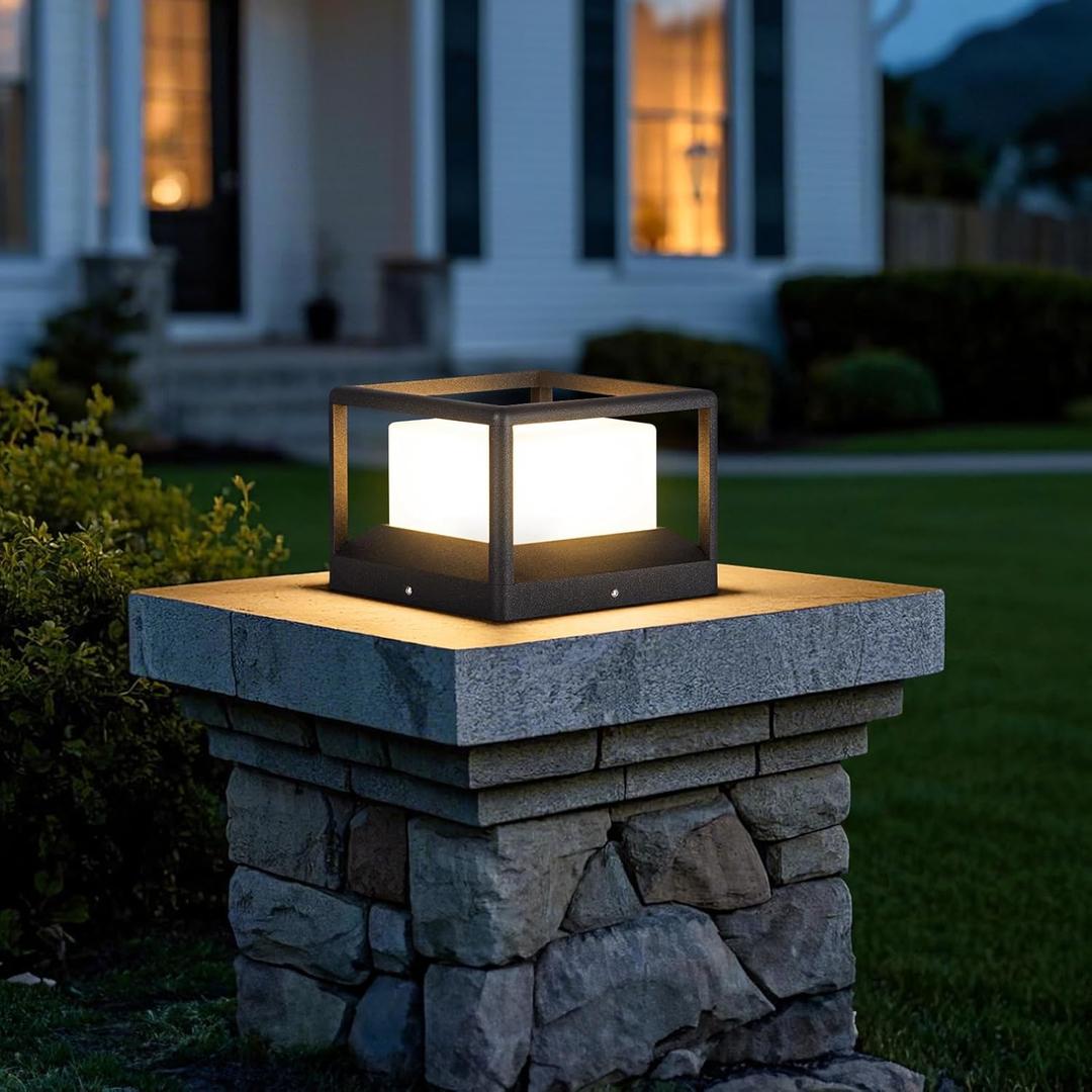 Outdoor Post Lights Hard Wired, Modern 9.1" Column Light Waterproof Pillar Lamp 3000K LED Landscape Lighting Fixture Not Solar Fence Deck Cap Lantern AC100-240V for Outside Yard Patio Garden