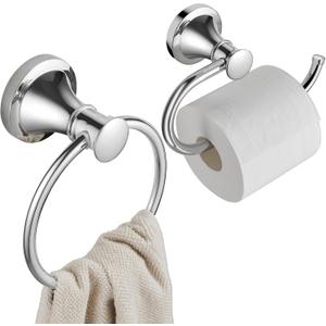 Hoimpro Polished Chrome Towel Ring Toilet Paper Holder Set, 2 PCS Wall Mounted Bathroom Hardware Fixture Toilet Roll Tissue Holder, Hand Towel Bar Towel Rack Bathroom Accessories Set