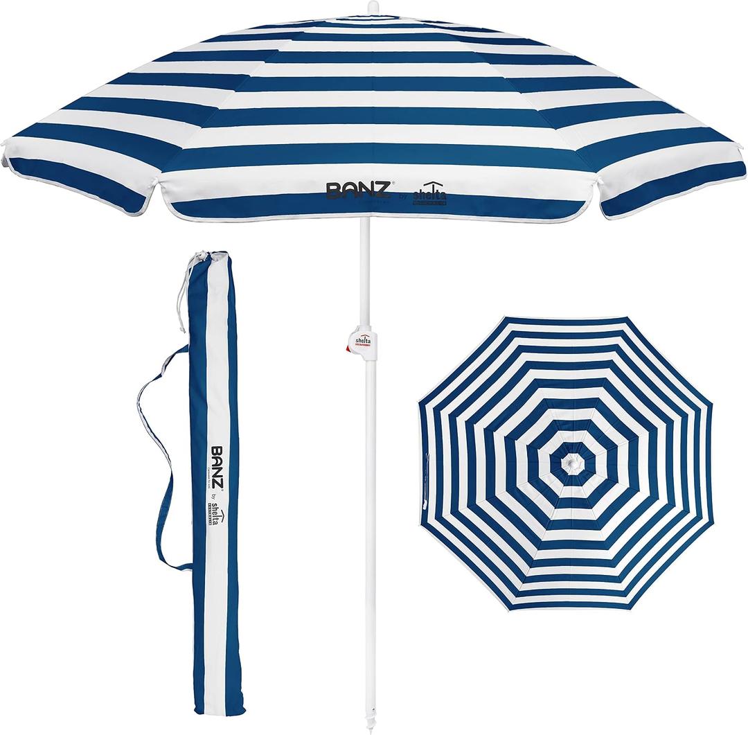 BANZ Cabana Beach Umbrella UPF 50 - UV Protection Foil-Lined Portable Outdoor Umbrella for Sand with Screw-in Base & Tilt Pole - Lightweight Beach Shade & Patio Umbrella with Bag, Blue and White