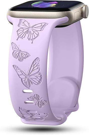IKANFI Butterfly Engraved Bands Compatible with Apple Watch Band 41mm 40mm 38mm Women, Silicone Sport Strap for iWatch Series SE 10 9 8 7 6 5 4 3 2 1 UltraLV38