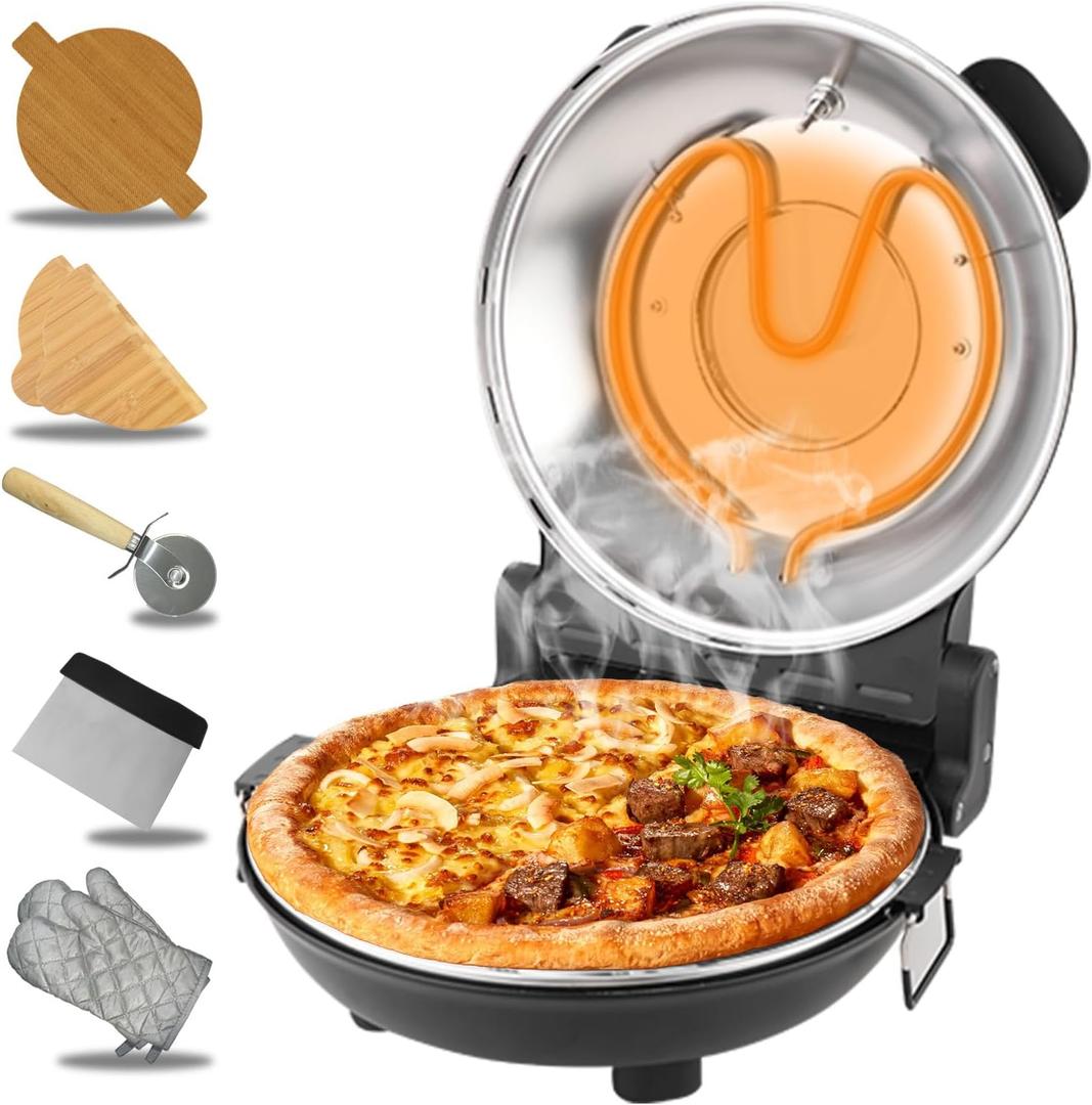 ECUMFFY Pizza Oven Indoor, 12 Inch Retro Pizza Maker, Rapid Heating 800˚F, 1200W Glazed Ceramic Stone Electric Pizza Cooker, Twobutton Precise Temperature Control, Viewing Window for Precise Cooking