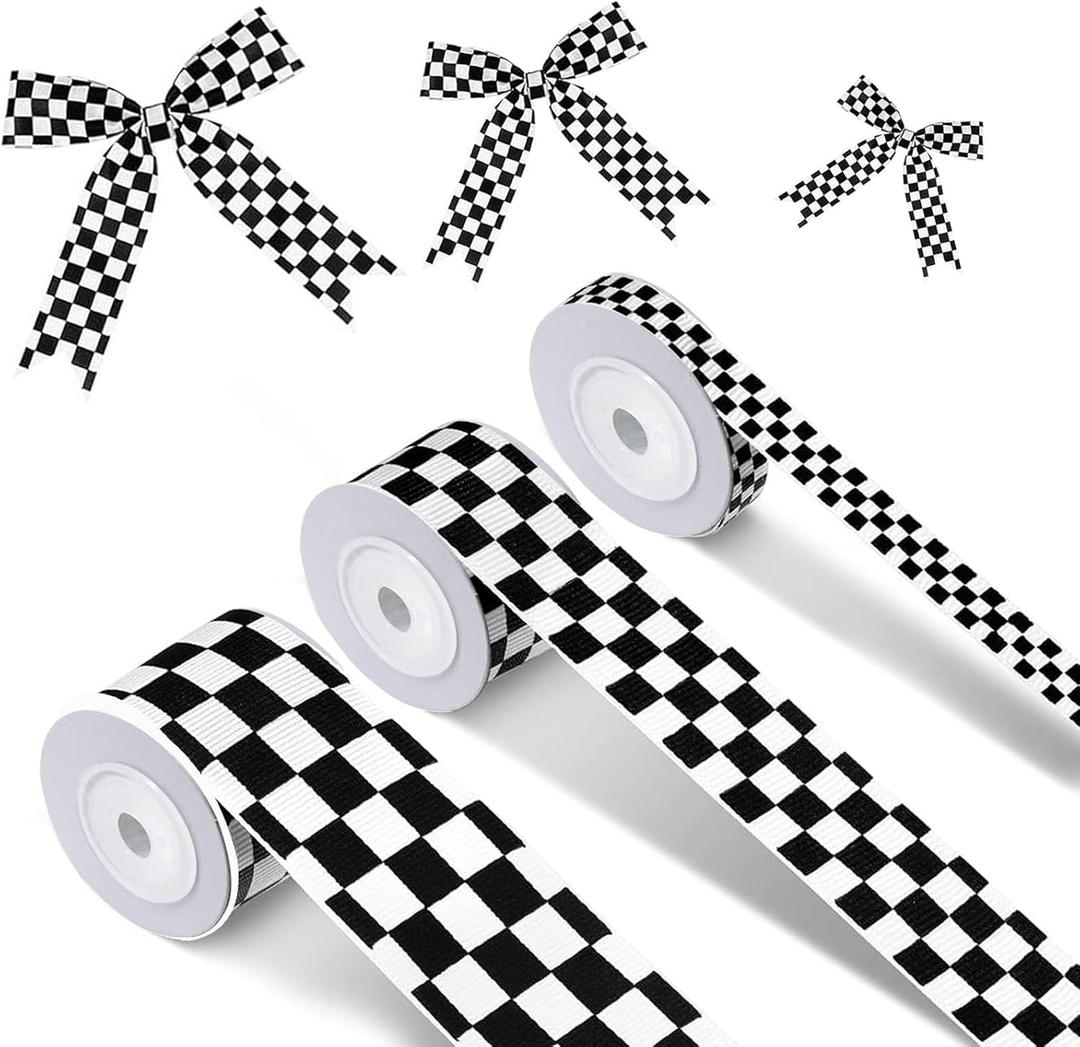 3 Rolls White Checkered Printed Ribbon Black Grosgrain Ribbon,0.4, 0.87, 1.5 Inch Wide, 15 Yards in Total, Car Theme Checkered Ribbon  for DIY Crafts Wreath Racing Car Party Wreath Decorations
