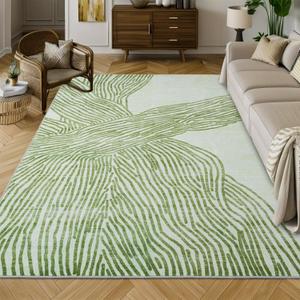 YIHOUSE Green Rug for Living Room, 69 Modern Abstract Area Rug, Geometric Contemporary Wave Striped Rugs for Playroom Nursery, Washable Nonslip Large Ultra-Thin Rug for Bedroom Dining Room