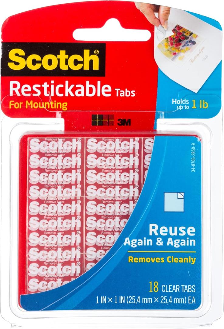 Scotch Restickable Tabs, Clear,1-in x 1-in,18-Tabs (R100)