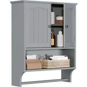 Smuxee Grey Bathroom Cabinet Wall Mounted with Towels Bar, Bathroom Medicine Cabinet with 2 Door Adjustable Shelves, Over Toilet Cabinet for Bathroom Laundry Room Kitchen