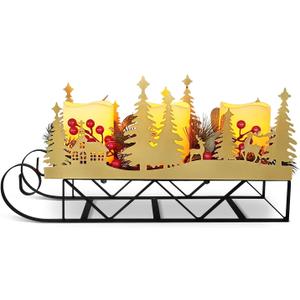 Christmas Sleigh Centerpiece Table Decorations with Flickering Led Candle Lights Xmas Sleigh Silhouette Candelabrum for Dinning Room, Table, Fireplace, Mantel Holiday Decoration (Gold)