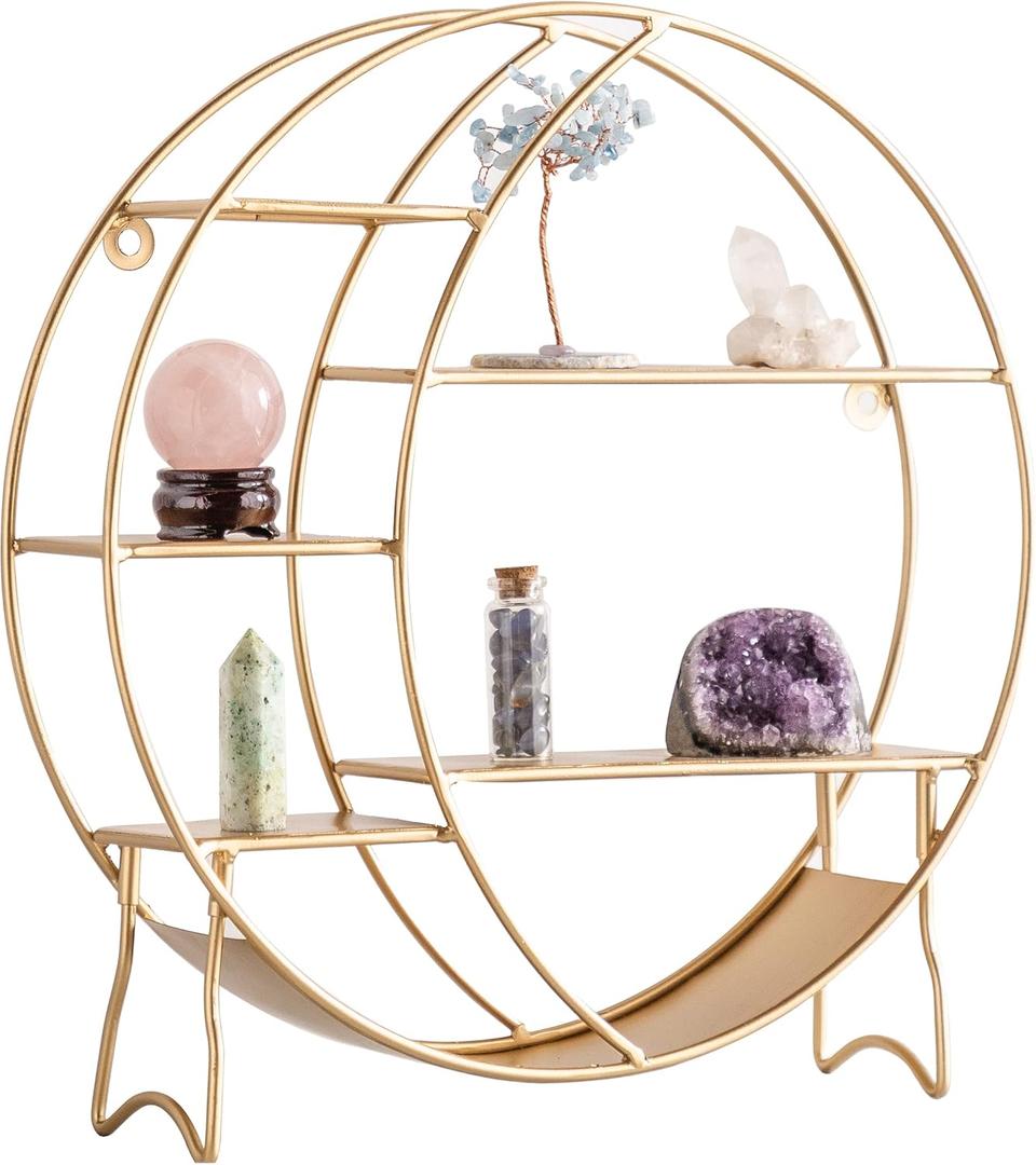 14'' Matte Gold Moon Shelf for Crystals - 7-Tier Open Design, Wall & Countertop Display, Modern Style, Holds Crystals, Essential Oils, Nail Polish
