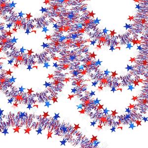 3 Pack 50FT 4th of July Patriotic Tinsel Garland Decoration, Red, White and Blue Tinsel with Star Metallic Glitter Hanging Garland for Memorial Day, Independence Day Indoor and Outdoor Decor