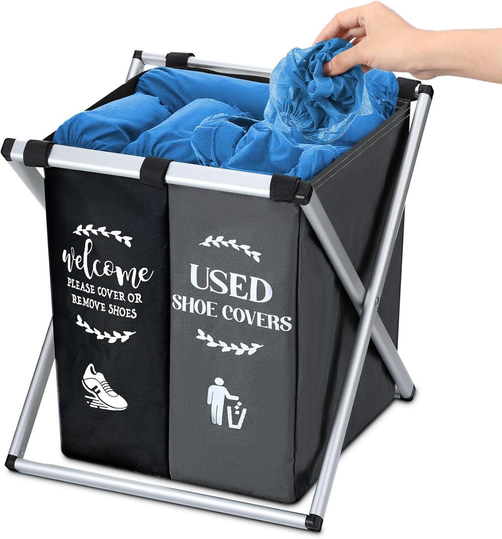 Foldable Disposable Shoe Cover Box Dispenser Fabric Storage Bin Holder with Used Shoe Covers and Welcome Please or Remove Sign for Open House Supplies(Black, Gray)