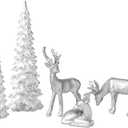 DN DECONATION Christmas Decoration Reindeer and Tree Figurines Xmas Reindeer with White & Silver Tree Statues Decor Resin Christmas Village for Winter Table Mantle Decor Set of 4