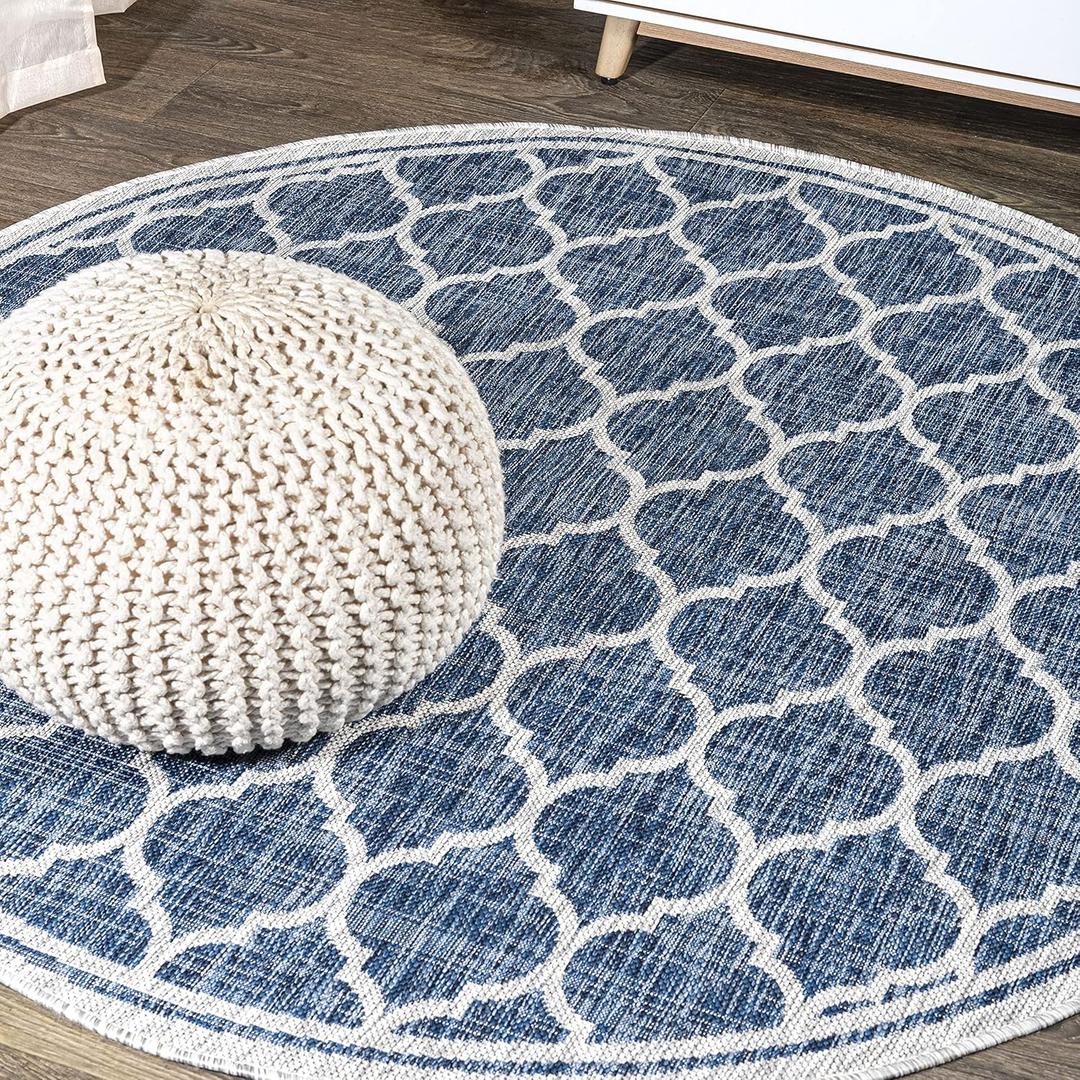 JONATHAN Y Moroccan Trellis Indoor Outdoor Round Area Rug 4 Ft Navy/Gray, Trebol Textured Weave for Backyard, Patio, Porch, Easy-Cleaning, High Traffic, Pet-Friendly, Non-Shedding (SMB109D-4R) (3'11" (Round))