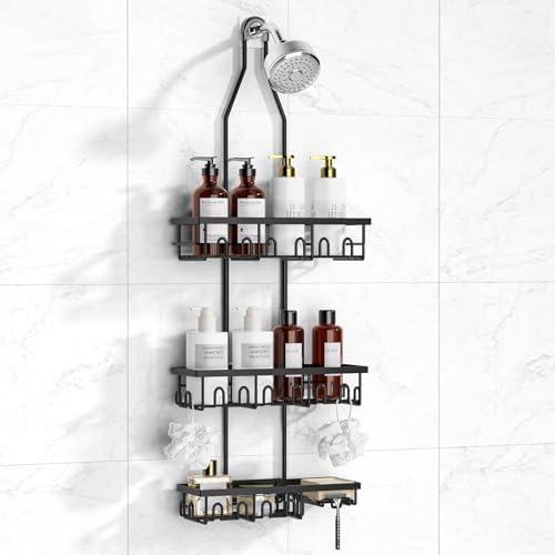Amawarm Shower Caddy, Rustproof Shower Shelves Over Shower Head, Extended Length shower rack with Soap Holder, Black