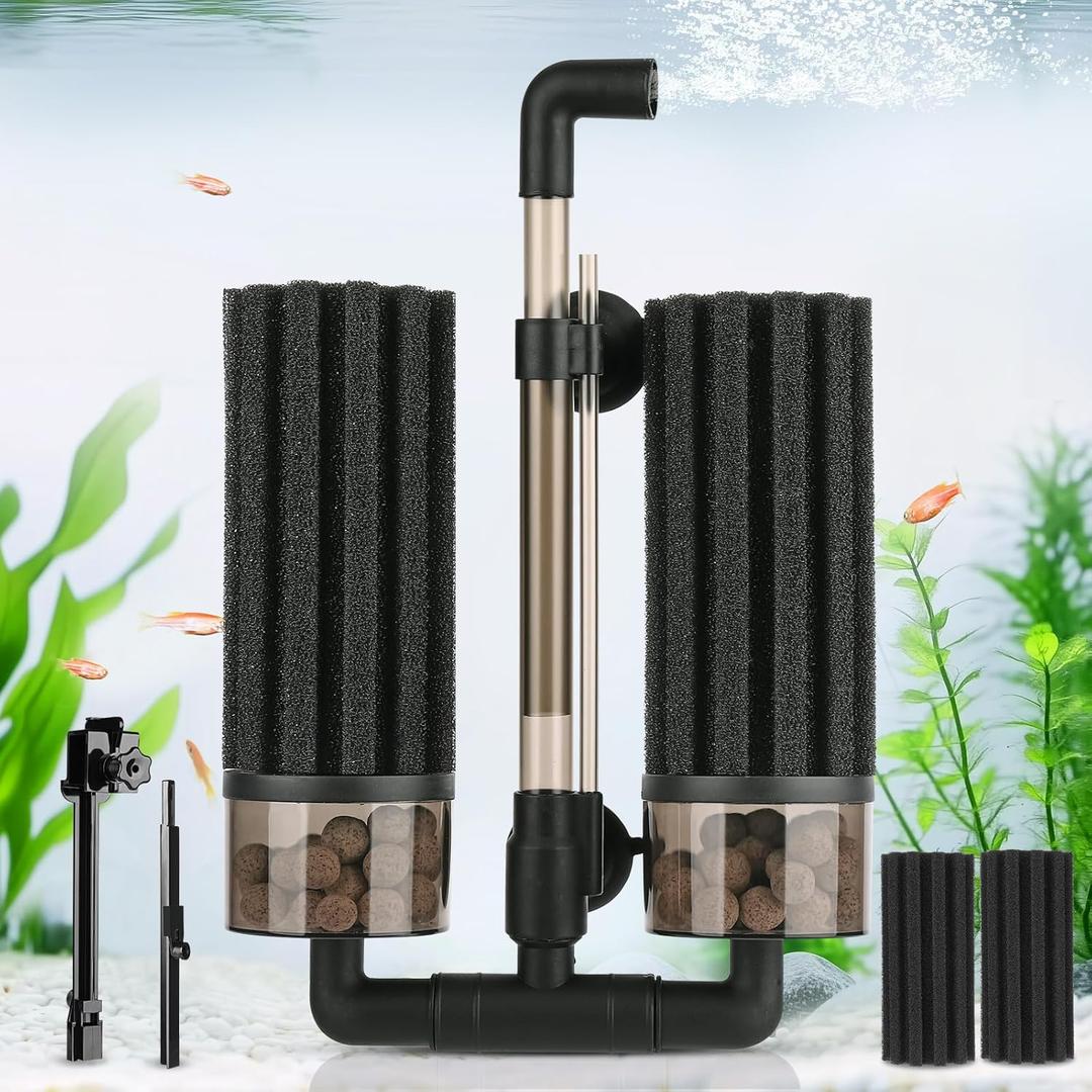 hygger Aquarium Double Sponge Filter: Upgraded Sponge Filter with Larger Filtration Area, Come with Extendable Clip, 2 Spare Biochemical Sponges, Bioceramic Balls, for Freshwater Saltwater Tank - M (M (For 15-55 Gallon))
