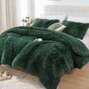 Smoofy Fluffy Queen Comforter Set, Faux Fur Comforter Set Queen Size, Luxury Fuzzy Bedding Set, Soft Shaggy Bed Set for All Season, 3 Pieces - 1 Comforter & 2 Pillowcases, Dark Green