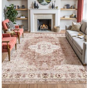 DEXI Area Rugs for Living Room, 8x10 Washable Low Pile Vintage Traditional Rug for Bedroom, Non Slip Indoor Carpet for Dining Office Nursery, Blush