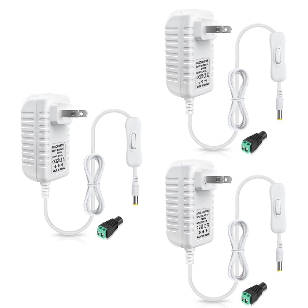 12V Power Supply, 12 Volt 1A 12W DC Power Supply with On Off Switch, White Switching LED Power Adapter, AC 110V to 12V Transformer Plug for LED Strip Lights with 5.5/2.1 DC Female Connector, 3 Pack