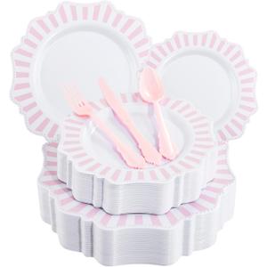 COLOSUS 150pcs Disposable Pink and White Stripped Plastic Plates and Silverware set, Light Pink Dinner/Dessert Plates silverware serve 30guests for Easter Day, Wedding Party and Daily use.